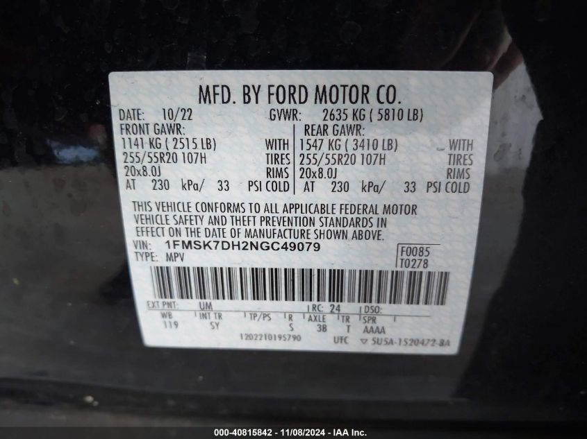 2022 Ford Explorer Xlt VIN: 1FMSK7DH2NGC49079 Lot: 40815842