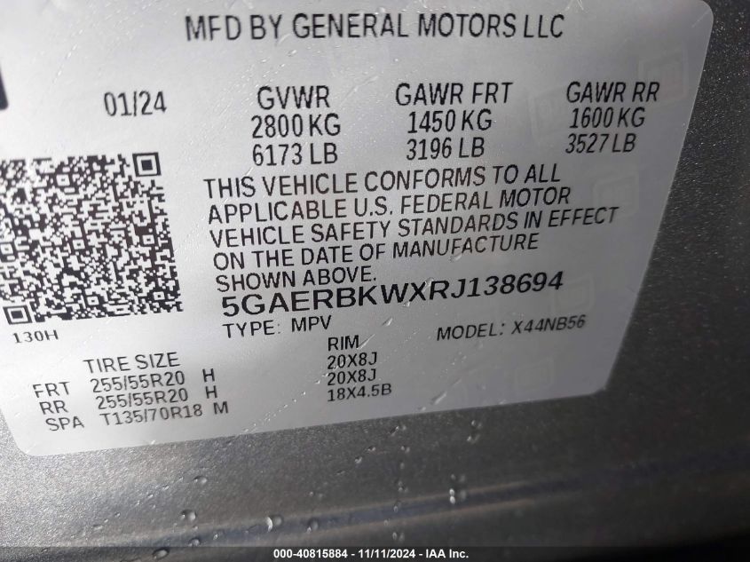 2024 Buick Enclave Essence Fwd VIN: 5GAERBKWXRJ138694 Lot: 40815884