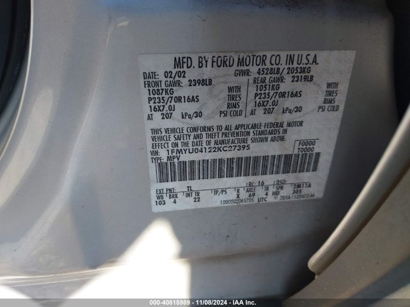 2002 Ford Escape Xlt VIN: 1FMYU04122XC27395 Lot: 40815989