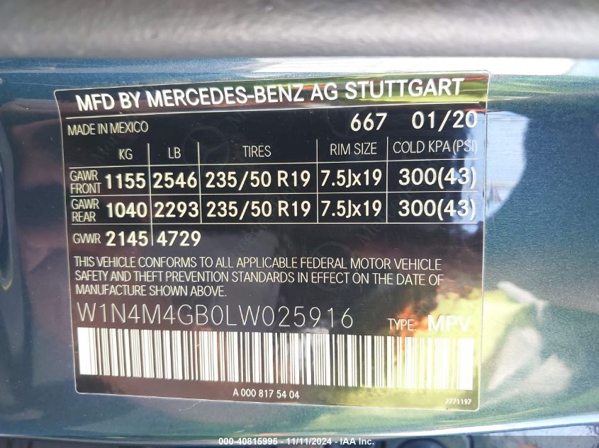 VIN W1N4M4GB0LW025916 2020 Mercedes-Benz GLB-Class,... no.9