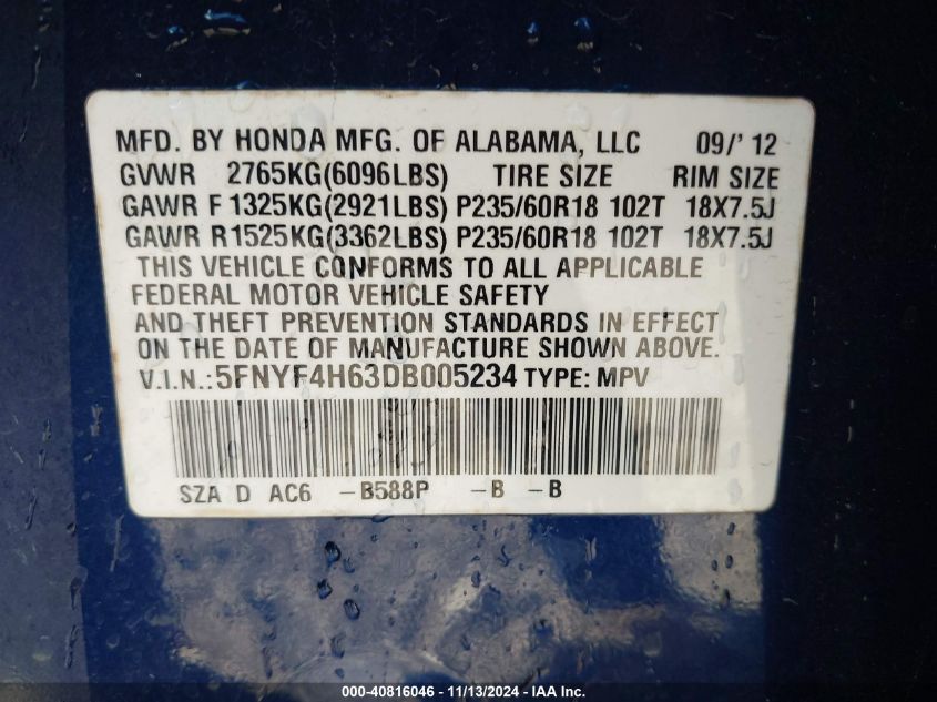 2013 HONDA PILOT EX-L - 5FNYF4H63DB005234