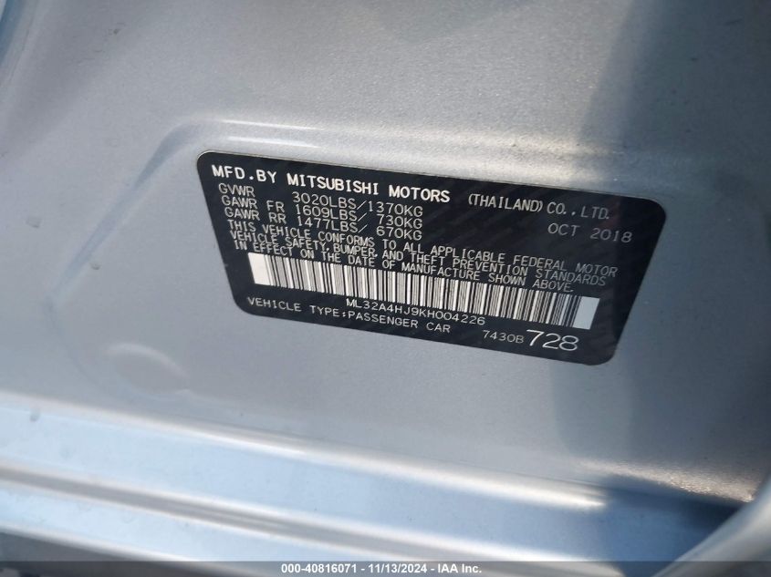 2019 Mitsubishi Mirage Se VIN: ML32A4HJ9KH004226 Lot: 40816071