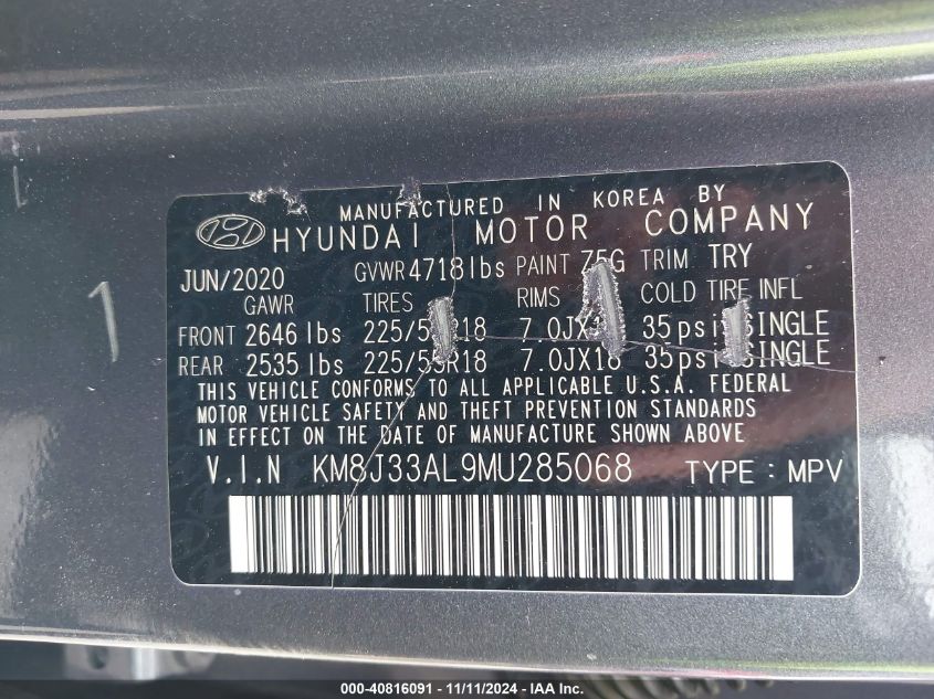 VIN KM8J33AL9MU285068 2021 HYUNDAI TUCSON ULTIMATE