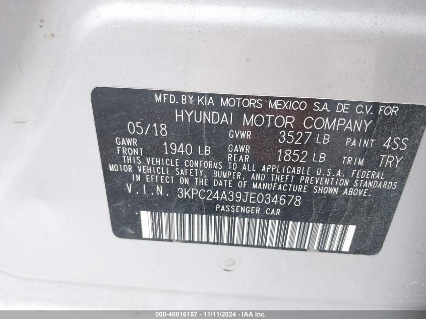 VIN 3KPC24A39JE034678 2018 HYUNDAI ACCENT SE