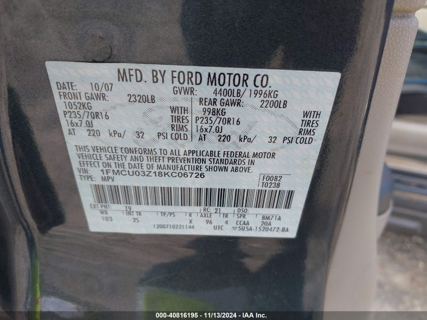 2008 Ford Escape Xlt VIN: 1FMCU03Z18KC06726 Lot: 40816195