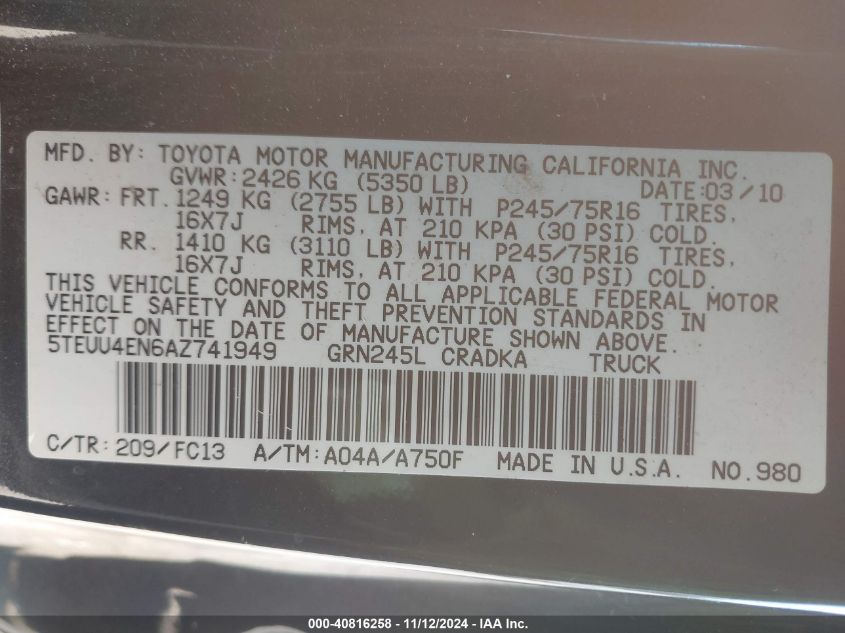 2010 Toyota Tacoma Base V6 VIN: 5TEUU4EN6AZ741949 Lot: 40816258