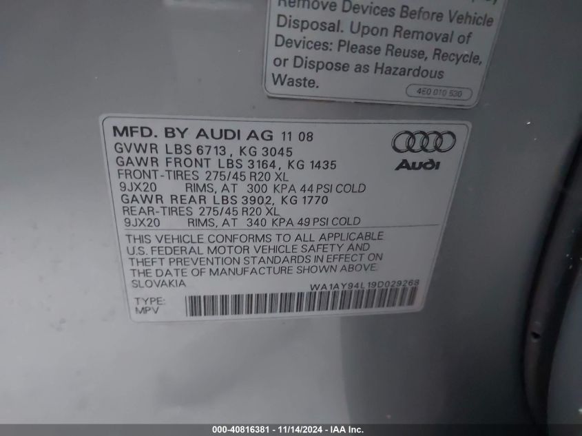 2009 Audi Q7 3.6 Premium VIN: WA1AY94L19D029268 Lot: 40816381