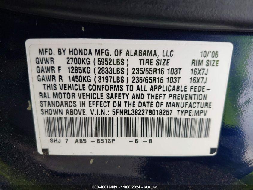 2007 Honda Odyssey Lx VIN: 5FNRL38227B018257 Lot: 40816449