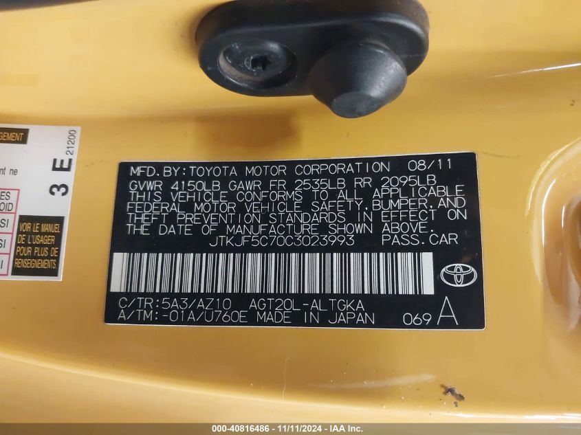 2012 SCION TC VIN: JTKJF5C70C3023993