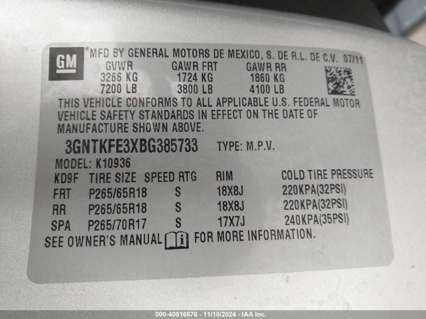 2011 CHEVROLET AVALANCHE 1500 VIN: 3GNTKFE3XBG385733