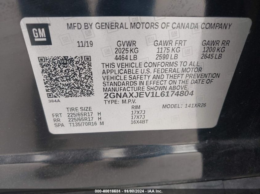 2020 Chevrolet Equinox Fwd 2Fl VIN: 2GNAXJEV1L6174804 Lot: 40816631