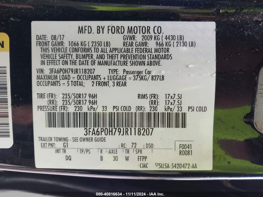 2018 FORD FUSION SE - 3FA6P0H79JR118207