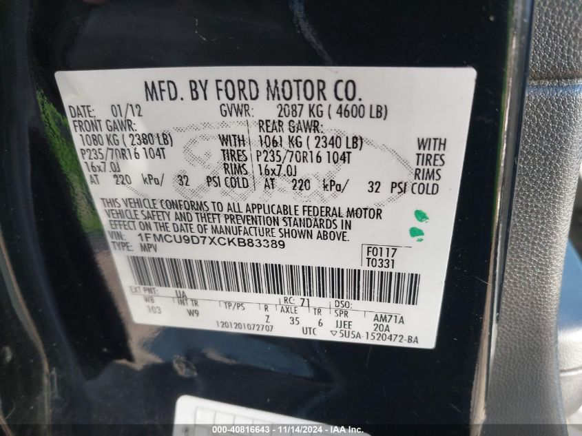 2012 Ford Escape Xlt VIN: 1FMCU9D7XCKB83389 Lot: 40816643