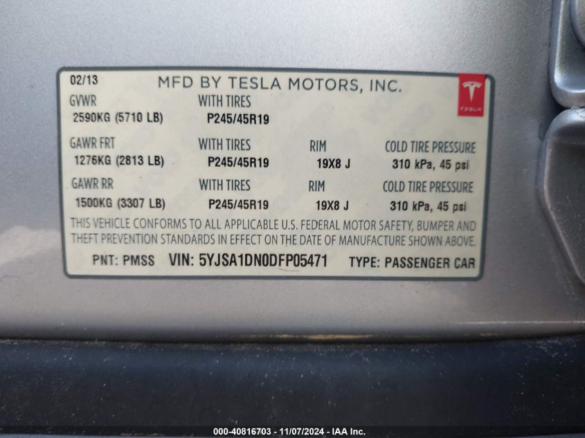 2013 Tesla Model S VIN: 5YJSA1DN0DFP05471 Lot: 40816703