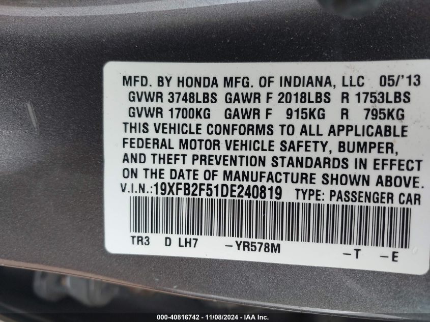 VIN 19XFB2F51DE240819 2013 HONDA CIVIC no.9