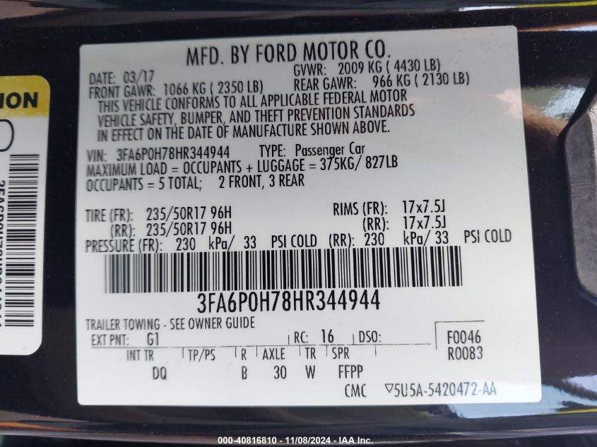 2017 FORD FUSION SE - 3FA6P0H78HR344944