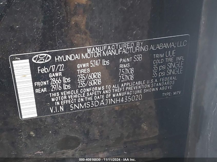 2022 Hyundai Santa Fe Sel VIN: 5NMS3DAJ1NH435020 Lot: 40816830