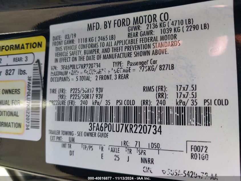 2019 Ford Fusion Hybrid Se VIN: 3FA6P0LU7KR220734 Lot: 40816877