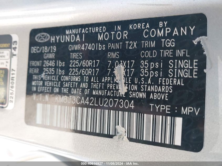 VIN KM8J3CA42LU207304 2020 Hyundai Tucson, Value no.9