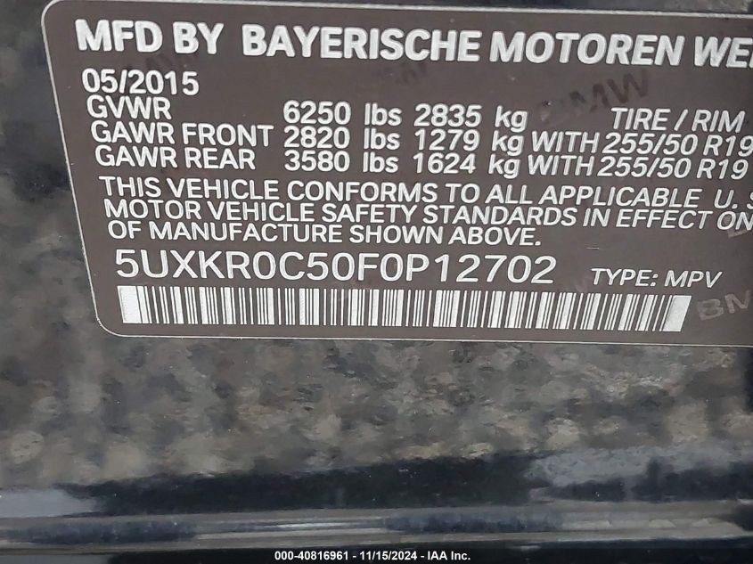 VIN 5UXKR0C50F0P12702 2015 BMW X5, Xdrive35I no.9