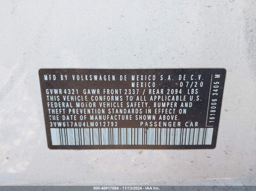 2020 VOLKSWAGEN GOLF GTI 2.0T AUTOBAHN/2.0T S/2.0T SE - 3VW6T7AU4LM012792