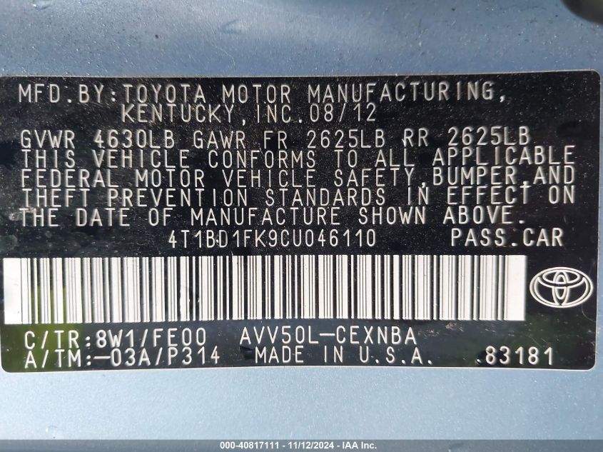 2012 TOYOTA CAMRY HYBRID VIN: 4T1BD1FK9CU046110