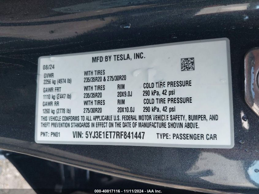 2024 Tesla Model 3 Performance VIN: 5YJ3E1ET7RF841447 Lot: 40817116