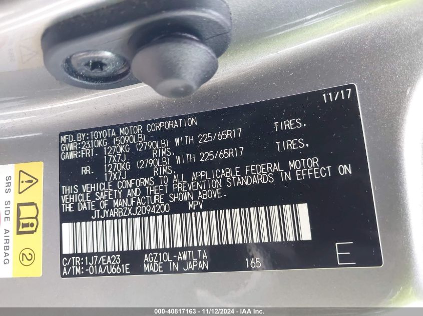 VIN JTJYARBZXJ2094200 2018 LEXUS NX 300