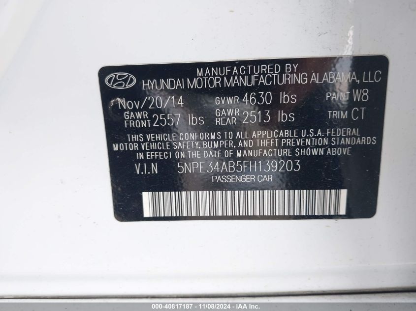 2015 Hyundai Sonata Limited 2.0T VIN: 5NPE34AB5FH139203 Lot: 40817187