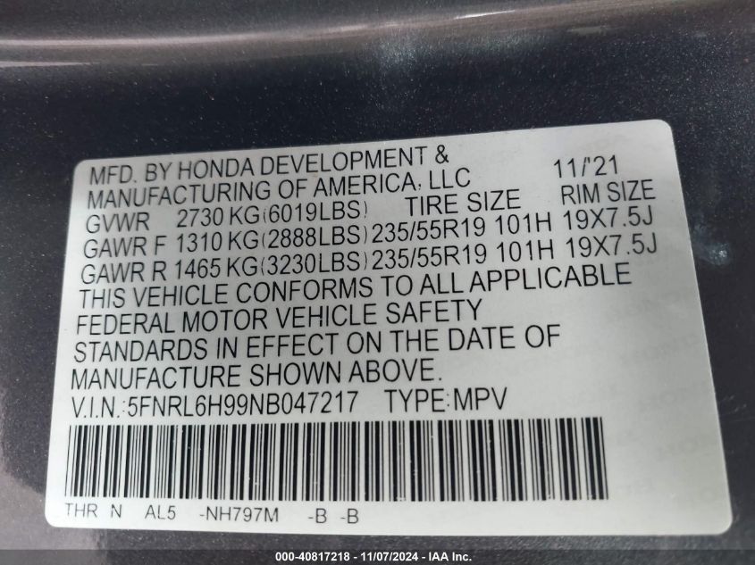 2022 Honda Odyssey Elite VIN: 5FNRL6H99NB047217 Lot: 40817218