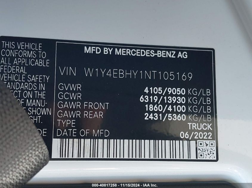 2022 Mercedes-Benz Sprinter 2500 Standard Roof V6 VIN: W1Y4EBHY1NT105169 Lot: 40817258