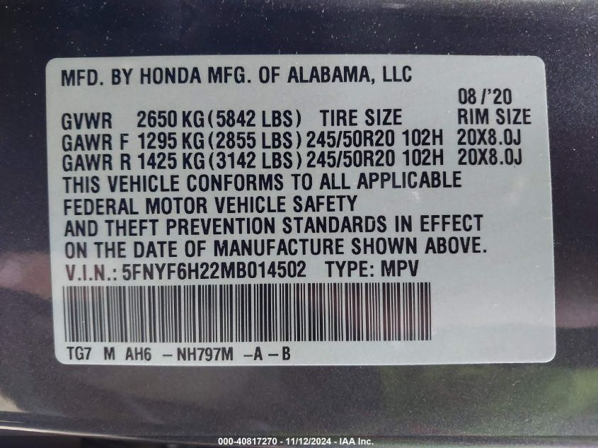 2021 Honda Pilot Awd Special Edition VIN: 5FNYF6H22MB014502 Lot: 40817270