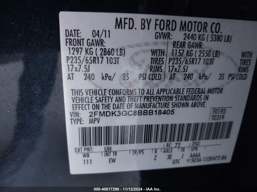 2011 Ford Edge Se VIN: 2FMDK3GC8BBB18405 Lot: 40817290