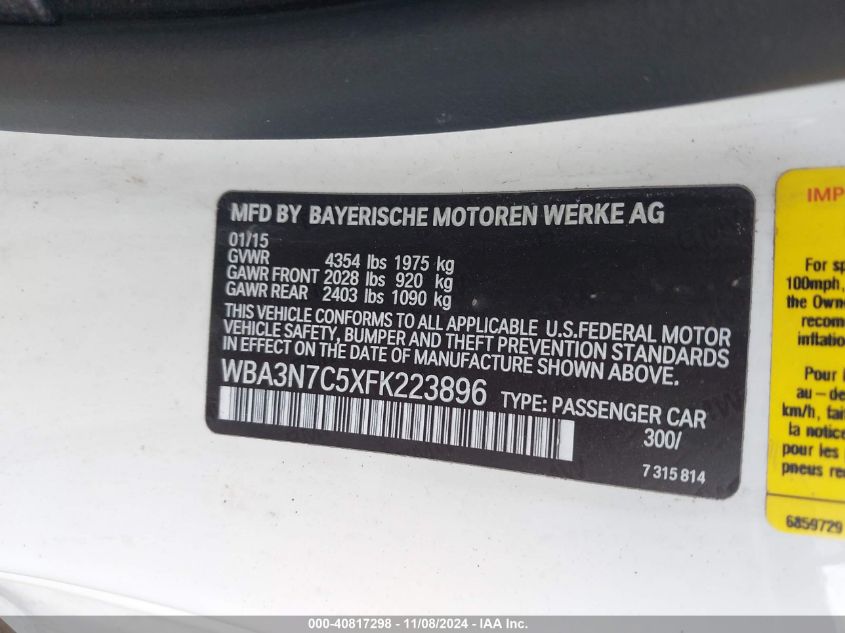 2015 BMW 428I VIN: WBA3N7C5XFK223896 Lot: 40817298