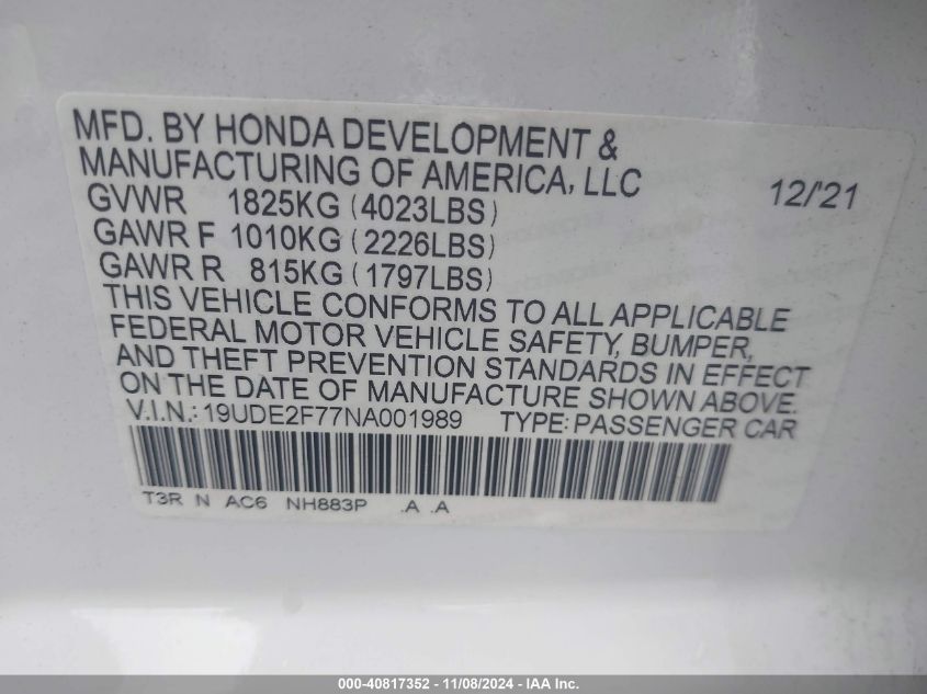 2022 Acura Ilx Premium Package VIN: 19UDE2F77NA001989 Lot: 40817352