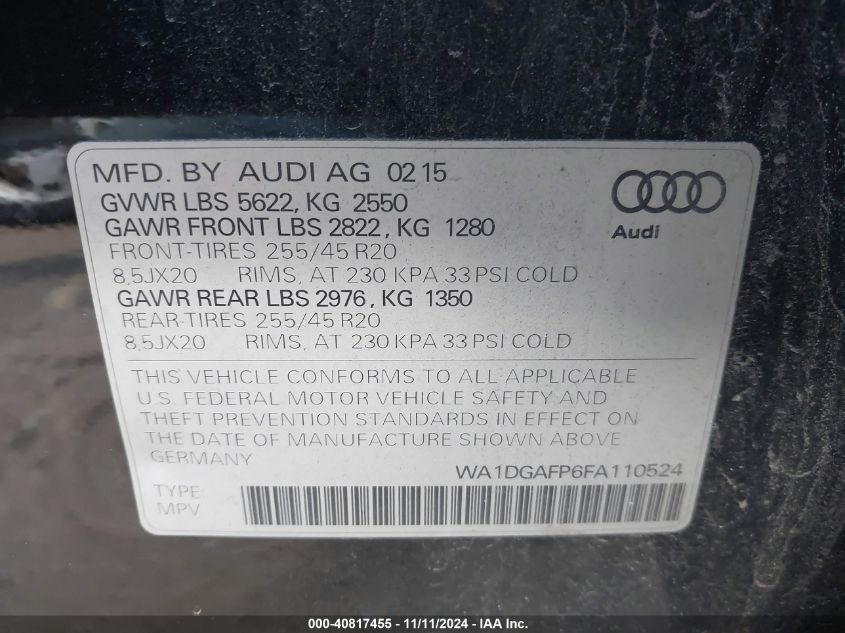 2015 Audi Q5 3.0T Premium Plus VIN: WA1DGAFP6FA110524 Lot: 40817455