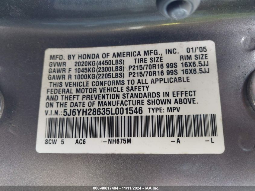 2005 Honda Element Ex VIN: 5J6YH28635L001546 Lot: 40817484