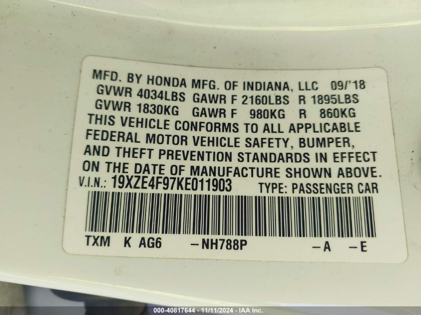 2019 Honda Insight Touring VIN: 19XZE4F97KE011903 Lot: 40817644