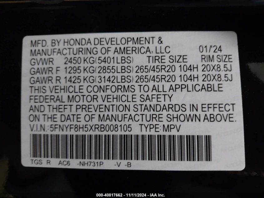 2024 Honda Passport Awd Ex-L VIN: 5FNYF8H5XRB008105 Lot: 40817662