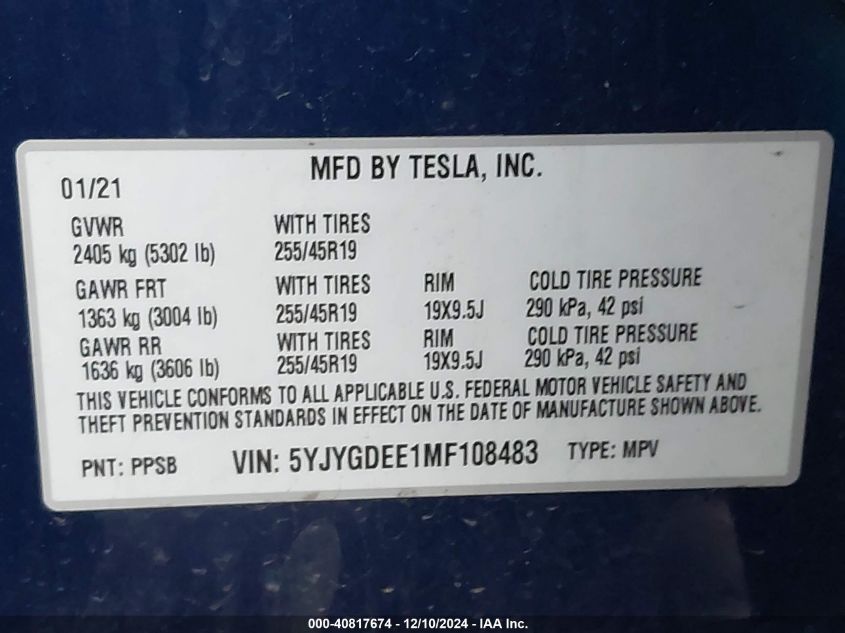 2021 Tesla Model Y Long Range Dual Motor All-Wheel Drive VIN: 5YJYGDEE1MF108483 Lot: 40817674