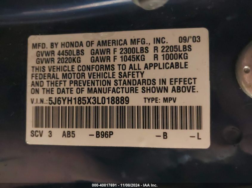 2003 Honda Element Ex VIN: 5J6YH185X3L018889 Lot: 40817691