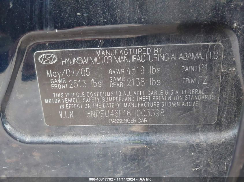 2006 Hyundai Sonata Gls V6/Lx V6 VIN: 5NPEU46F16H003398 Lot: 40817702