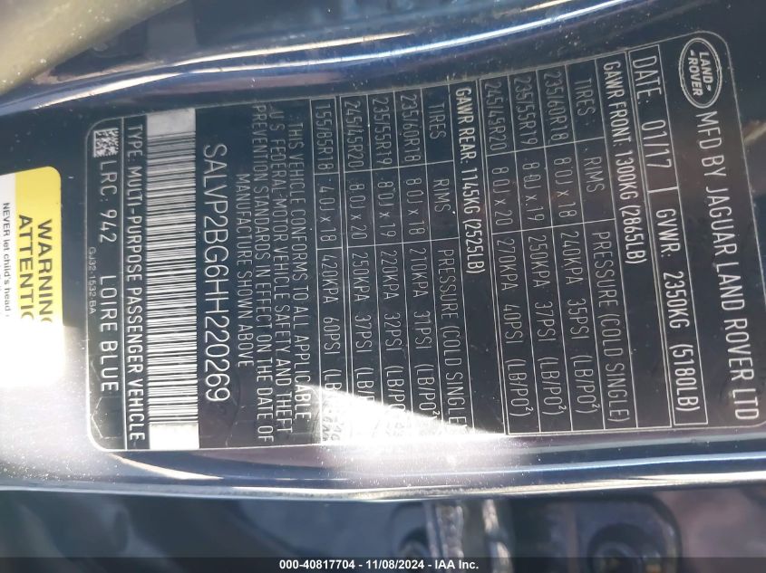 2017 Land Rover Range Rover Evoque Se/Se Premium VIN: SALVP2BG6HH220269 Lot: 40817704