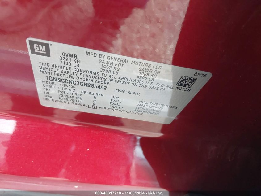2016 CHEVROLET TAHOE LTZ - 1GNSCCKC3GR285492