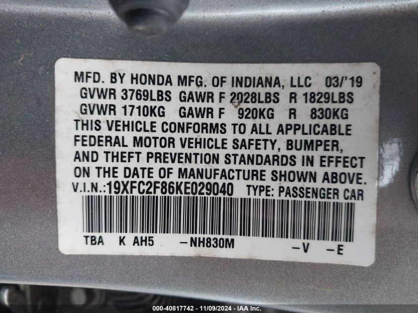 2019 Honda Civic Sport VIN: 19XFC2F86KE029040 Lot: 40817742