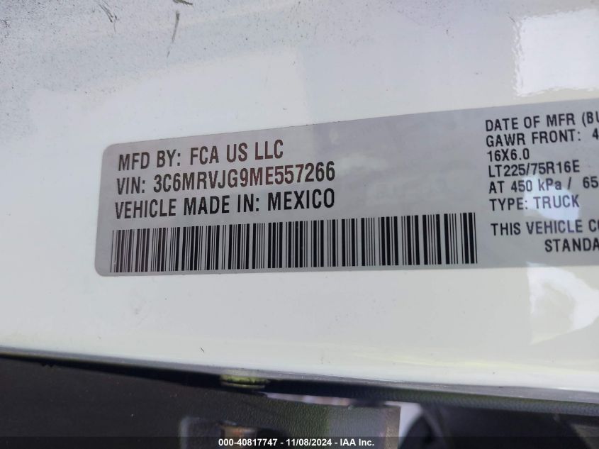 2021 Ram Promaster 3500 Cargo Van High Roof 159 Wb Ext VIN: 3C6MRVJG9ME557266 Lot: 40817747