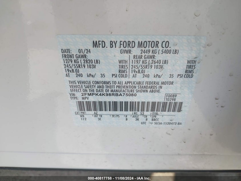2024 FORD EDGE 2.0L I-4 DI, DOHC, V(VIN: 2FMPK4K98RBA75080