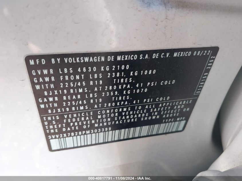 2023 Volkswagen Taos 1.5T Sel VIN: 3VV2X7B28PM303399 Lot: 40817791