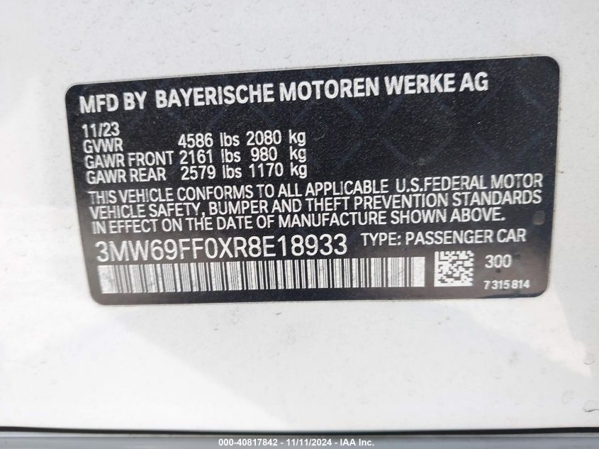 2024 BMW 3 Series 330I VIN: 3MW69FF0XR8E18933 Lot: 40817842