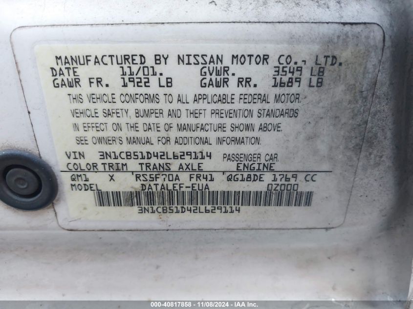 2002 Nissan Sentra Gxe VIN: 3N1CB51D42L629114 Lot: 40817858